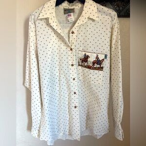 White Dress Shirt with horse shoe  Pattern and Standard Collar horses and cowboy